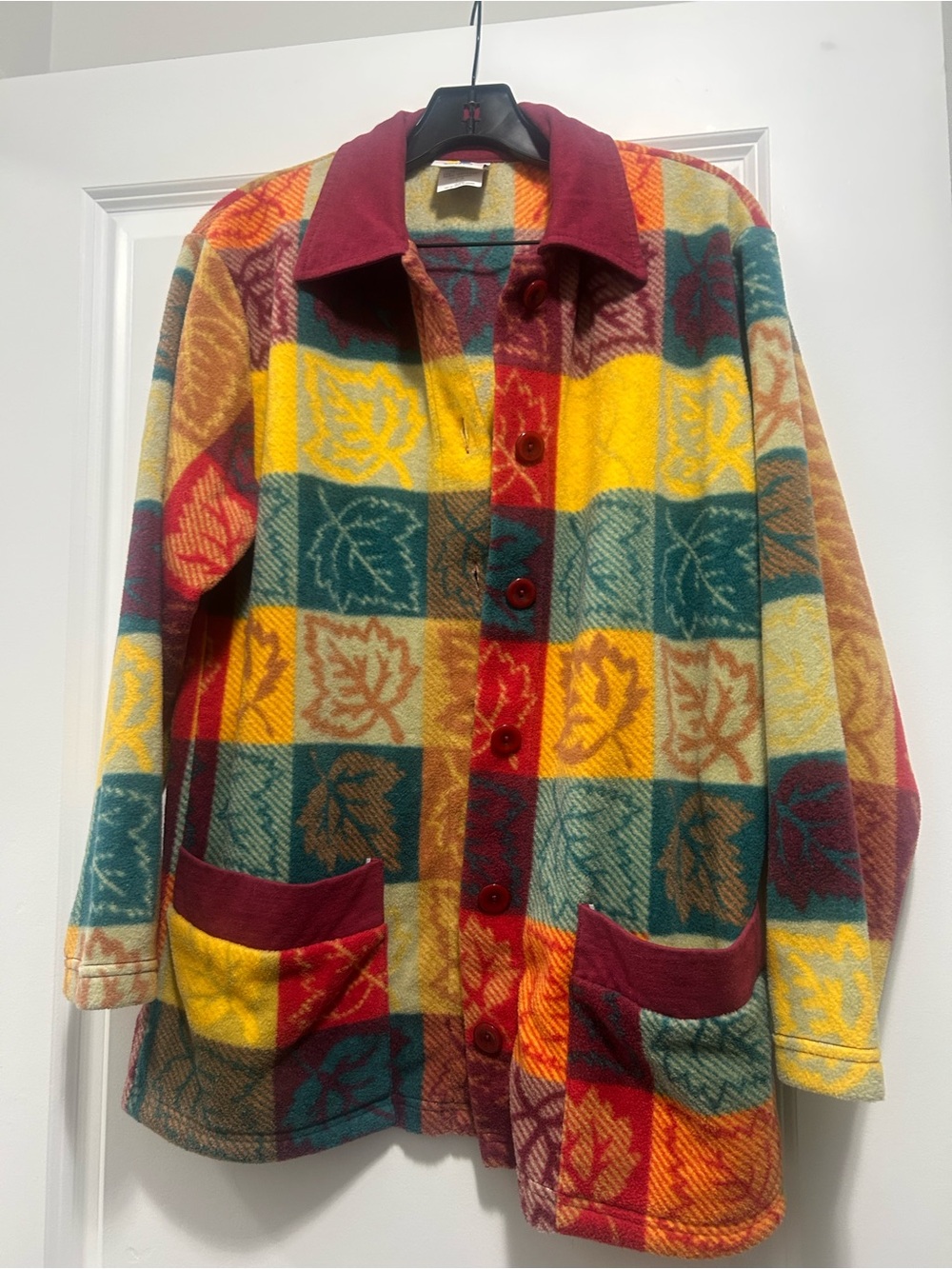Vintage Cityscape women multicolored patchwork cardigan with leaf motifs